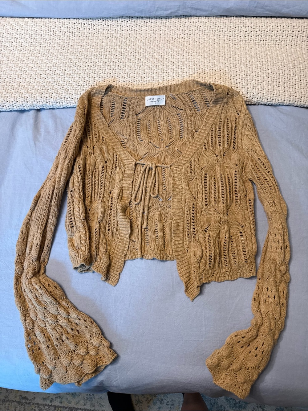 Dress Forum Open-Knit Tie-Front V-Neck Sweater - Camel